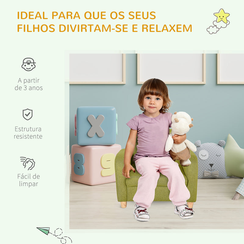 Sofá Infantil Mini Sofá para Crianças acima de 3 anos com Assento Acolchoado Apoio para os Braços e Estrutura de Madeira Carga Máx. 65kg 49x45x44 cm Verde