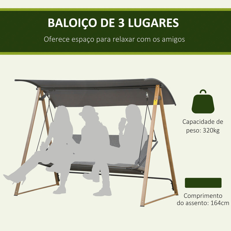 Baloiço de Jardim 3 Lugares com Teto Ajustável Assento Acolchoado e Estrutura de Aço para Pátio Varanda Exterior Carga Máx. 320 kg 224x133x173 cm Cinza