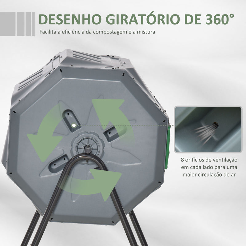 Compostor de Tambor Giratório com Capacidade 160L de Dupla Câmera e Ventilação Estrutura de Aço para Resíduos Orgânicos de Jardim 71x65x96 cm Cinza e Verde