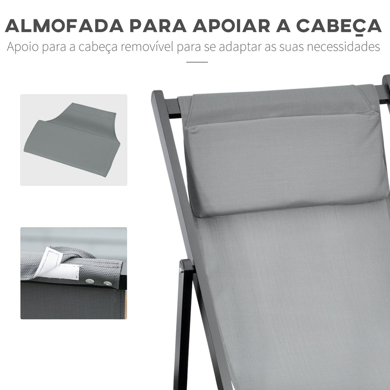 Conjunto de 2 Espreguiçadeiras Dobráveis de Alumínio Espreguiçadeiras de Jardim com Encosto Reclinável em 5 Posições e Apoio para a Cabeça Acolchoado 58x96,5x91,5 cm Cinza