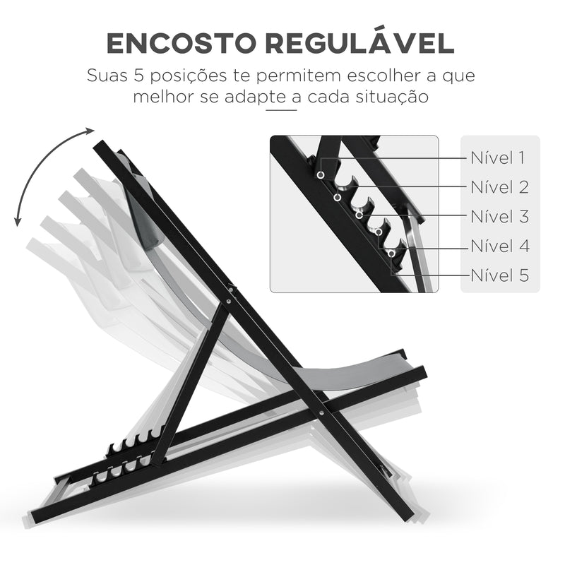 Conjunto de 2 Espreguiçadeiras Dobráveis de Alumínio Espreguiçadeiras de Jardim com Encosto Reclinável em 5 Posições e Apoio para a Cabeça Acolchoado 58x96,5x91,5 cm Cinza