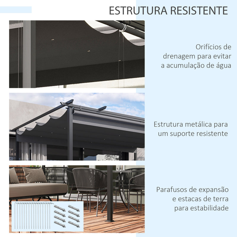 Pérgola de Jardim 3,95x2,95 cm Pérgola para Exterior com Teto Retrátil 4 Cortinas Enroláveis de Poliéster e Estrutura de Metal para Pátio Varanda Cinza Escuro