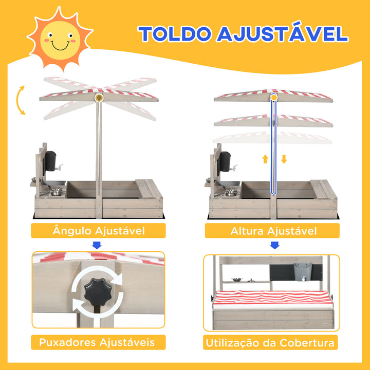 Caixa de Areia de Madeira para Crianças com Teto Ajustável Caixa de Areia Infantil com Acessórios de Cozinha e Banco para Crianças de 3-7 Anos para Pátio Jardim 114x110x110 cm Madeira
