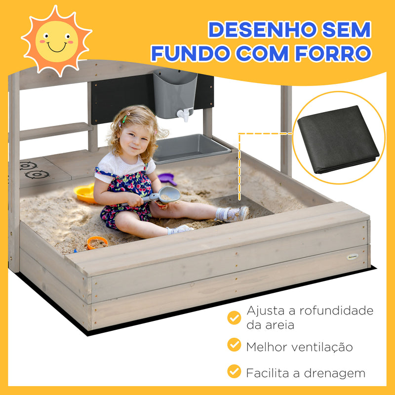 Caixa de Areia de Madeira para Crianças com Teto Ajustável Caixa de Areia Infantil com Acessórios de Cozinha e Banco para Crianças de 3-7 Anos para Pátio Jardim 114x110x110 cm Madeira