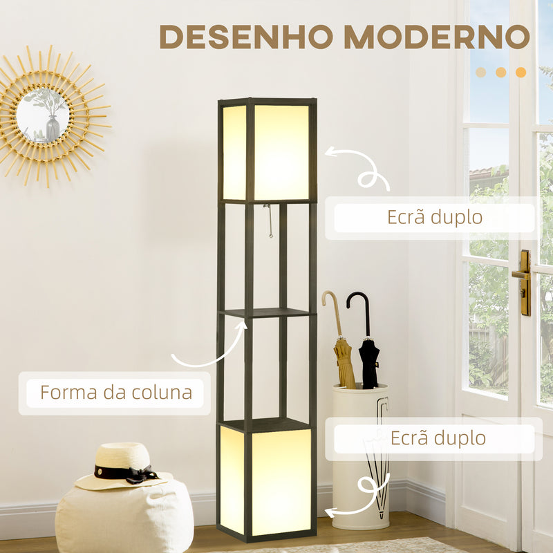 Candeeiro de Pé de Madeira com Prateleira de Armazenamento Suporte para Lâmpada E27 Candeeiro Moderno para Sala de Estar Dormitório 26x26x156 cm Preto e Branco