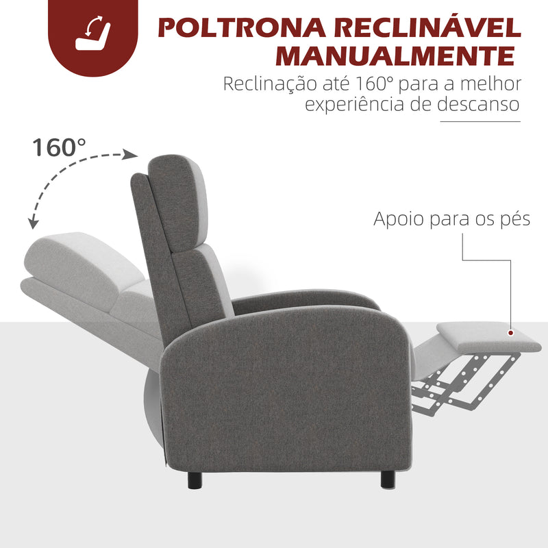 Poltrona Relax Reclinável até 160° Poltrona Reclinável Manual com Apoio para os Pés Carga Máxima 120 kg para Sala de Estar Dormitório 64x86x102 cm Cinza