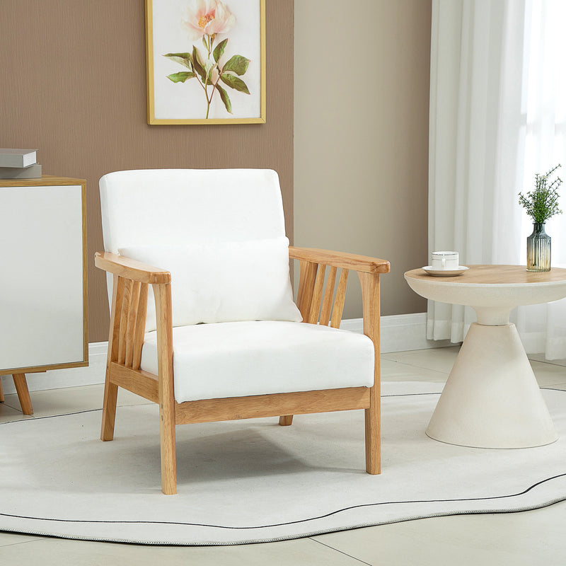 Poltrona de Sala de Estar Poltrona de Estilo Nórdico Estofado em Veludo com Almofada e Pés de Madeira de Borracha para Escritório Dormitório 68x75x78 cm Creme e Madeira