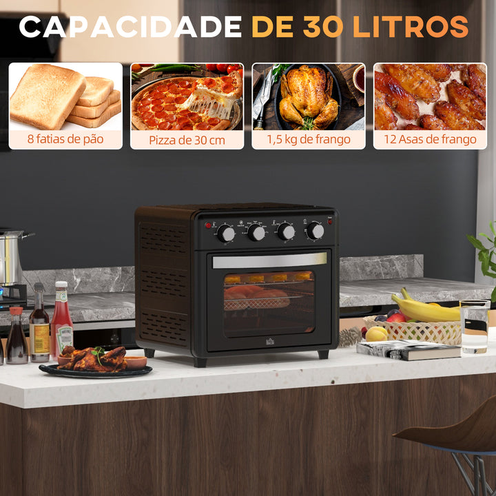 Mini Forno Elétrico Multifuncional Mini Forno Elétrico de 30L 1600W Mini Forno de Convecção com 7 Modos Temporizador e Temperatura Ajustável 43x39x39 cm Preto