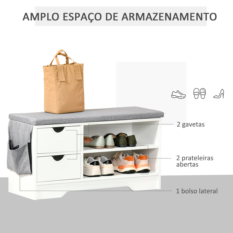 Banco Sapateiro com Assento 2 Prateleiras Bolso Almofada Amovível e 2 Gavetas Banco de Entrada Capacidade para 4 Pares de Sapatos para Entrada Corredor Moderno 80,5x30,5x43,5 cm Branco e Cinza