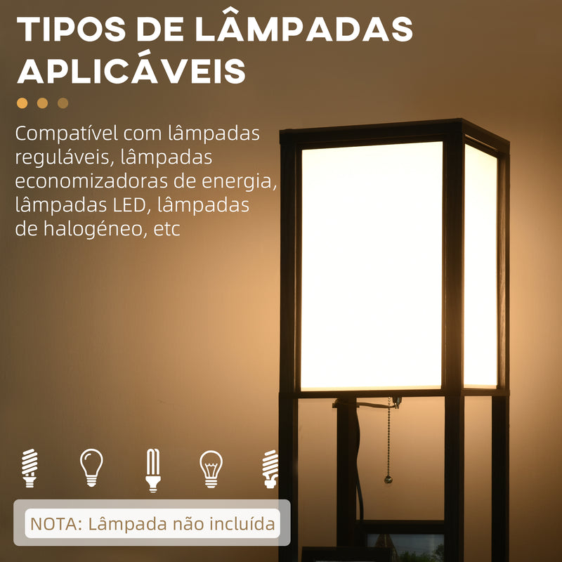 Candeeiro de Pé de Madeira com Prateleira de Armazenamento Suporte para Lâmpada E27 Candeeiro Moderno para Sala de Estar Dormitório 26x26x156 cm Preto e Branco