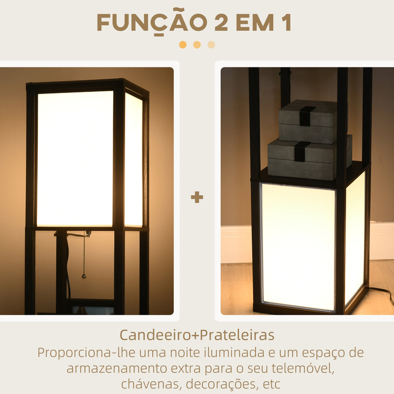 Candeeiro de Pé de Madeira com Prateleira de Armazenamento Suporte para Lâmpada E27 Candeeiro Moderno para Sala de Estar Dormitório 26x26x156 cm Preto e Branco