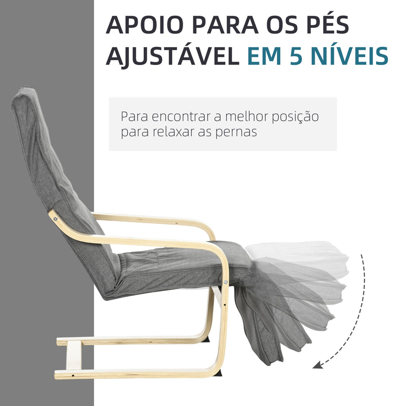 Poltrona Relax com Apoio para os Pés Ajustável Poltrona para Sala de Estar Estofada em Tecido com Estrutura de Madeira Carga 120 kg para Escritório Estúdio Dormitório 66,5x94x100 cm Cinza