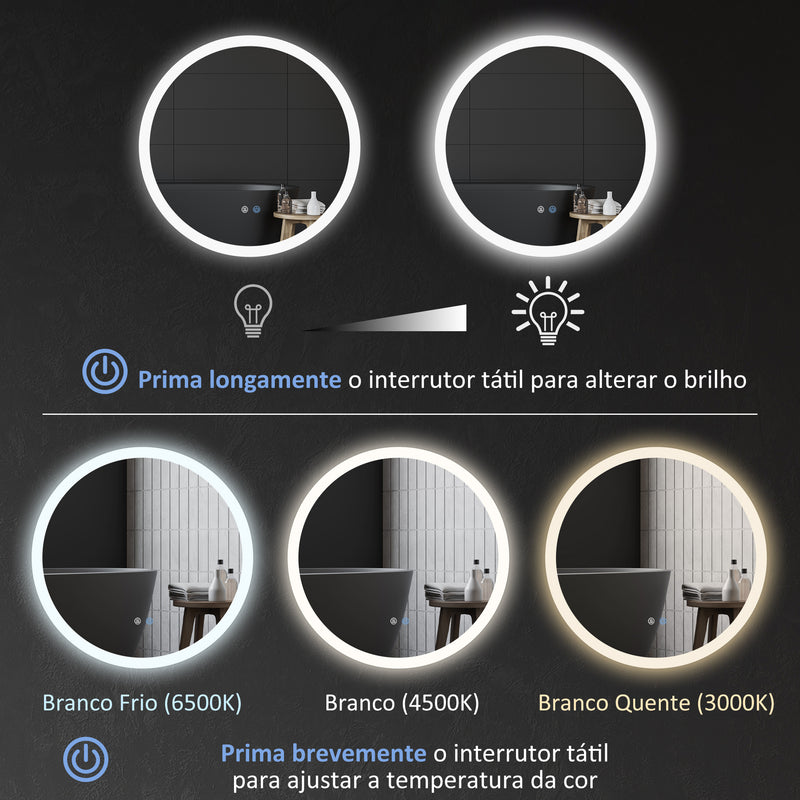 Espelho Casa de Banho Redondo com Luzes LED 70x70 cm Espelho com Iluminação Função Antiembaciamento 3 Luzes Função de Memória e Interruptor Tátil Prata