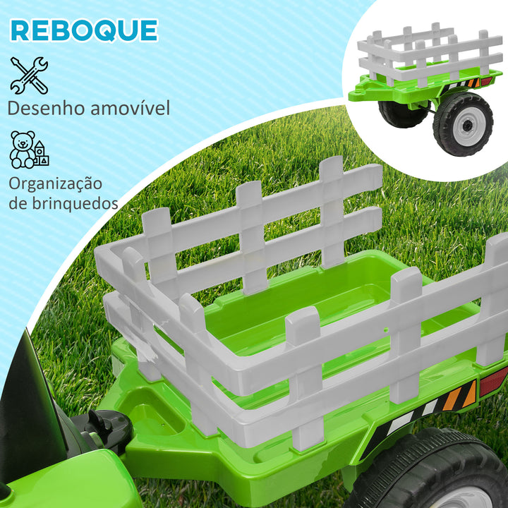 Trator Elétrico com Reboque Amovível Carro Elétrico para Crianças 3-6 Anos com Controlo Remoto Música MP3 Luzes e Cinto de Segurança 136,5x50x52,5 cm Verde