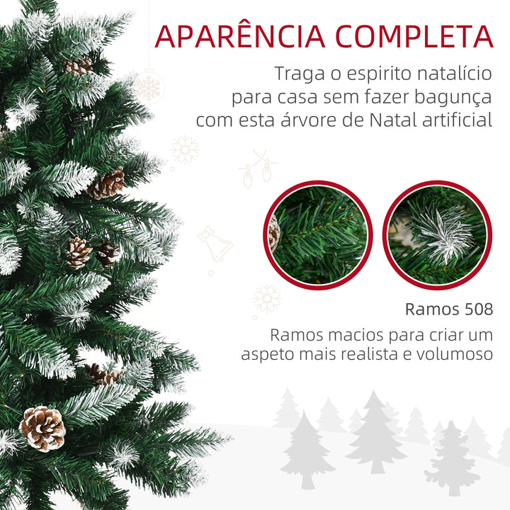Árvore de Natal Artificial com Neve 180 cm 508 Ramos Realistas 49 Pinhas Base Dobrável e Suporte de Aço para Interior Ø73x180 cm Verde e Branco