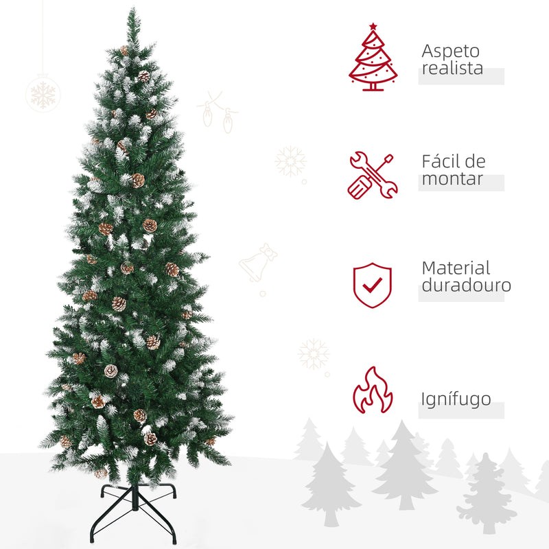 Árvore de Natal Artificial com Neve 180 cm 508 Ramos Realistas 49 Pinhas Base Dobrável e Suporte de Aço para Interior Ø73x180 cm Verde e Branco