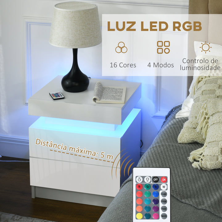 Mesa de Cabeceira com Luz LED Mesa de Cabeceira com Painel de Alto Brilho 2 Gavetas e Controlo Remoto para Sala de Estar Dormitório 45x35x52 cm Branco