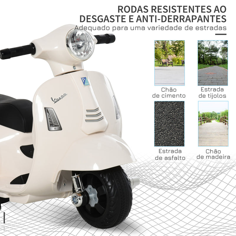 Mota Elétrica Vespa para Crianças de 18-36 Meses com Farol Buzina e 4 Rodas Motocicleta Infantil com Licença 66,5x38x52 cm Branco