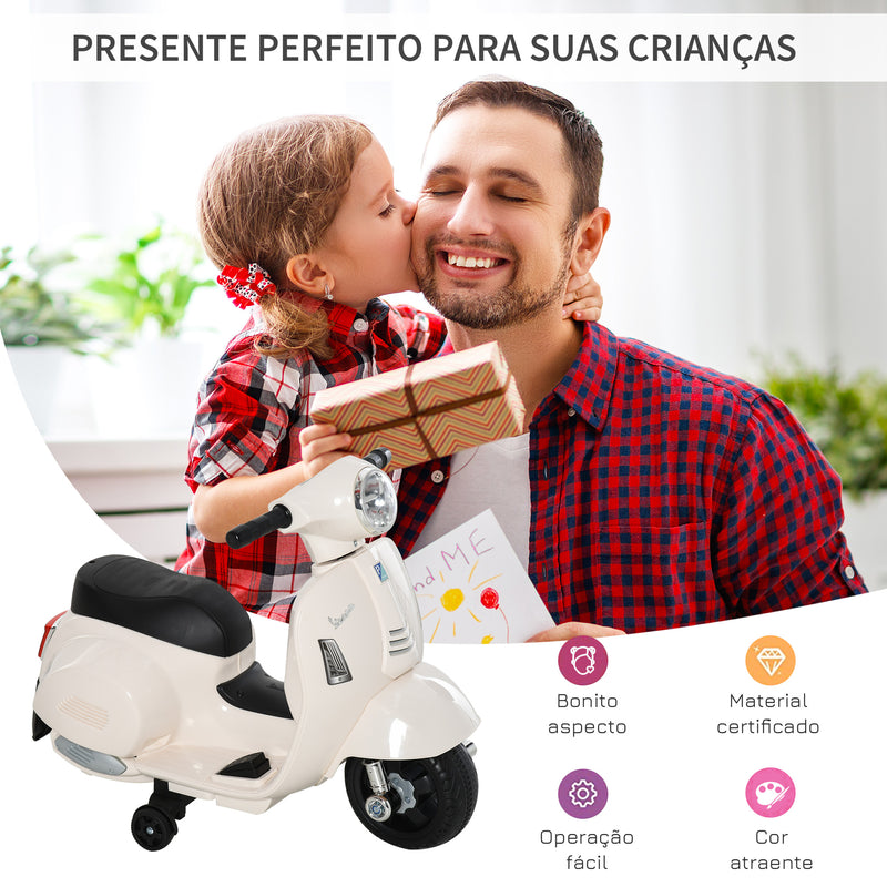 Mota Elétrica Vespa para Crianças de 18-36 Meses com Farol Buzina e 4 Rodas Motocicleta Infantil com Licença 66,5x38x52 cm Branco