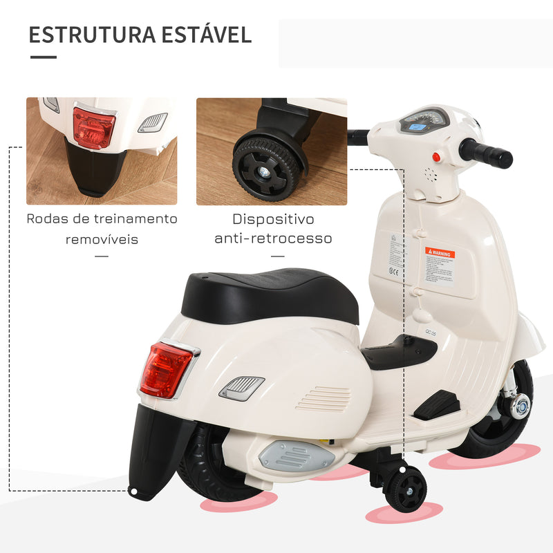 Mota Elétrica Vespa para Crianças de 18-36 Meses com Farol Buzina e 4 Rodas Motocicleta Infantil com Licença 66,5x38x52 cm Branco