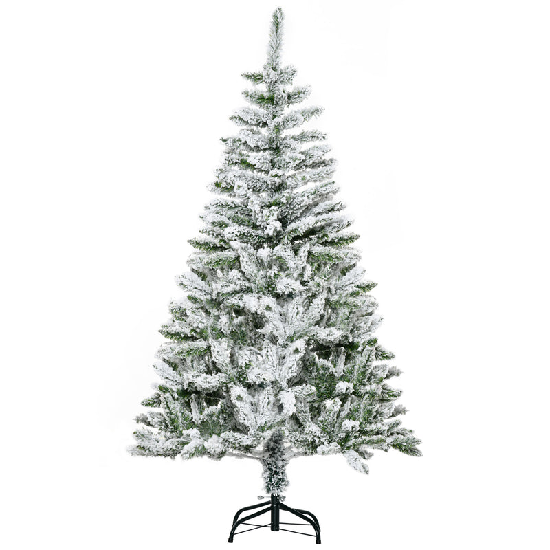 Árvore de Natal Artificial 150 cm com Neve Ignífugo com 358 Ramos Folhas de PVC Base Dobrável e Suporte Metálico Decoração de Natal para Interiores Verde