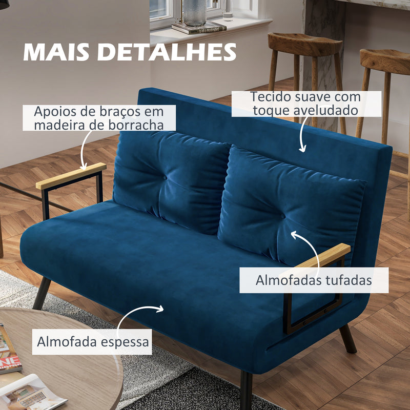 Sofá Cama Sofá Convertível em Cama de 2 Lugares Dobrável com Encosto Ajustável em 5 Níveis e 2 Almofadas Acolchoadas para Escritório Dormitório Sala de Estar 102x73x81 cm Azul