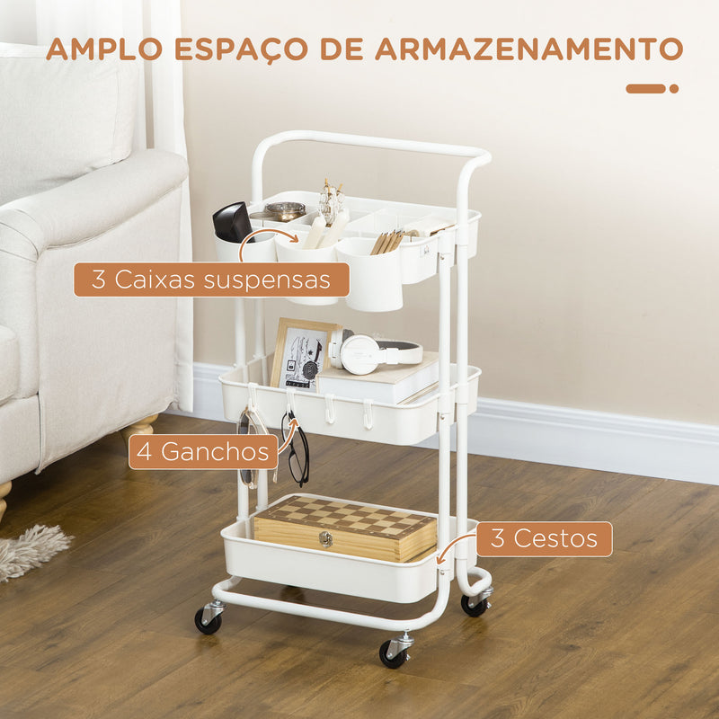 Carrinho de Cozinha de Aço Carrinho de Armazenamento com 4 Ganchos 3 Cestas Removíveis 3 Caixas Suspensas e Travões para Casa de Banho Sala de Estar Dormitório 42x38x86,5 cm Branco