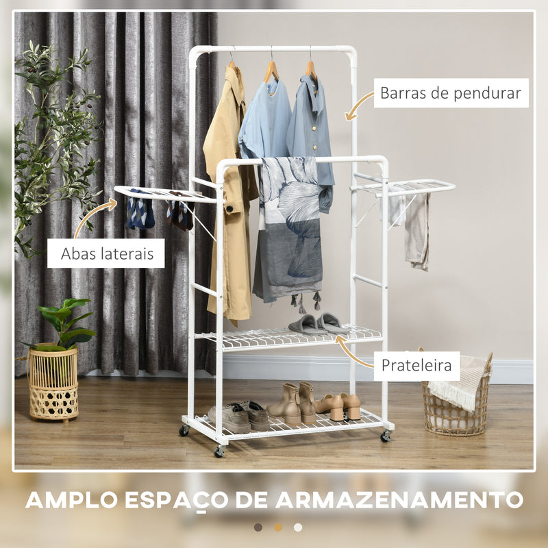 Charriot de Roupa com Rodas Charriot Verical de Aço com 2 Laterais Dobáveis 2 Trilhos e 2 Prateleiras de Armazenamento 153x43,7x171 cm Branco