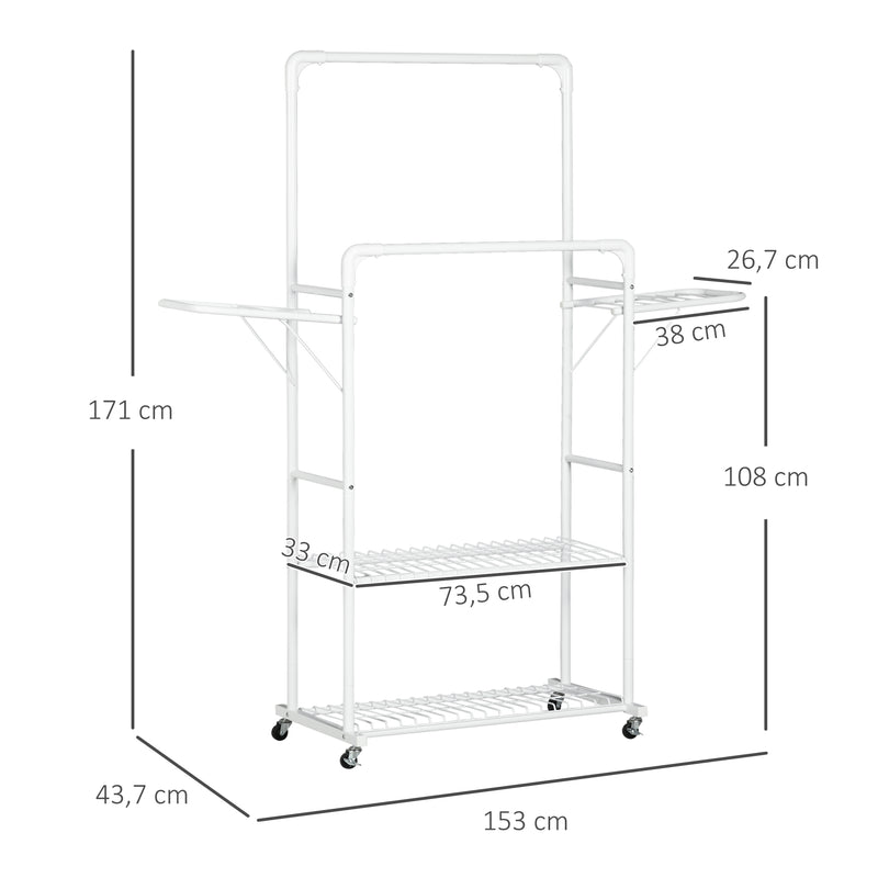 Charriot de Roupa com Rodas Charriot Verical de Aço com 2 Laterais Dobáveis 2 Trilhos e 2 Prateleiras de Armazenamento 153x43,7x171 cm Branco