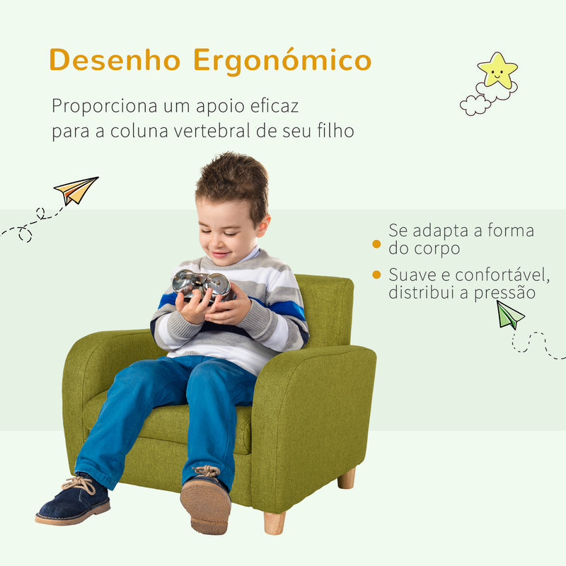 Sofá Infantil Mini Sofá para Crianças acima de 3 anos com Assento Acolchoado Apoio para os Braços e Estrutura de Madeira Carga Máx. 65kg 49x45x44 cm Verde