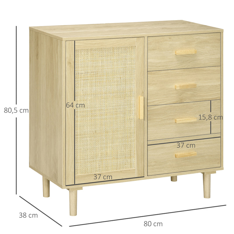 Aparador Sala de Estar Estilo Cannage Armário Buffet com Porta de Vime 4 Gavetas e Pés de Madeira de Pinho para Cozinha Entrada 80x38x80,5 cm Madeira