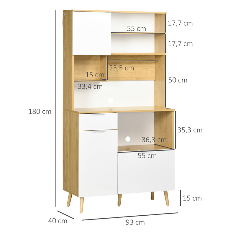 Armário de Cozinha Móvel Auxiliar de Cozinha com 3 Portas Gaveta Prateleira Ajustável Bancada para Micro-Ondas e Suporte para Panos 93x40x180 cm Madeira e Branco