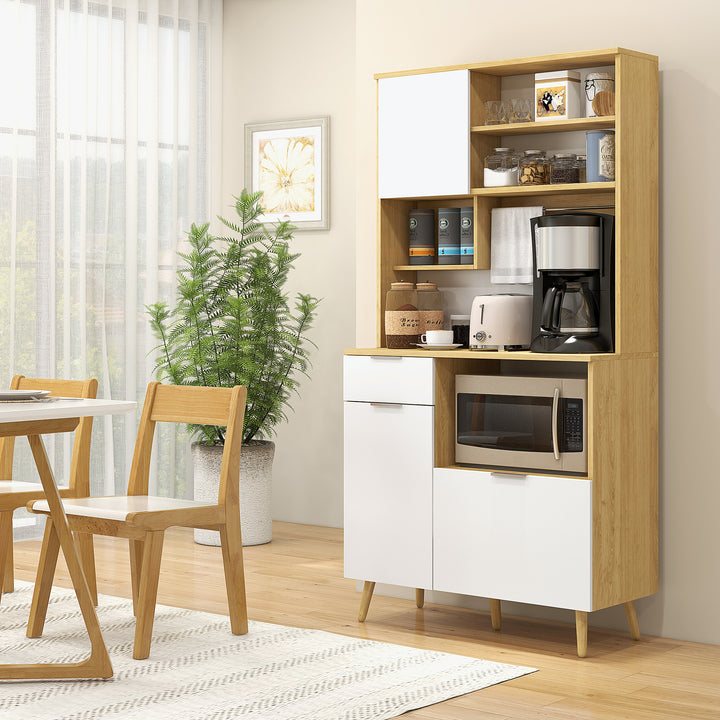 Armário de Cozinha Móvel Auxiliar de Cozinha com 3 Portas Gaveta Prateleira Ajustável Bancada para Micro-Ondas e Suporte para Panos 93x40x180 cm Madeira e Branco