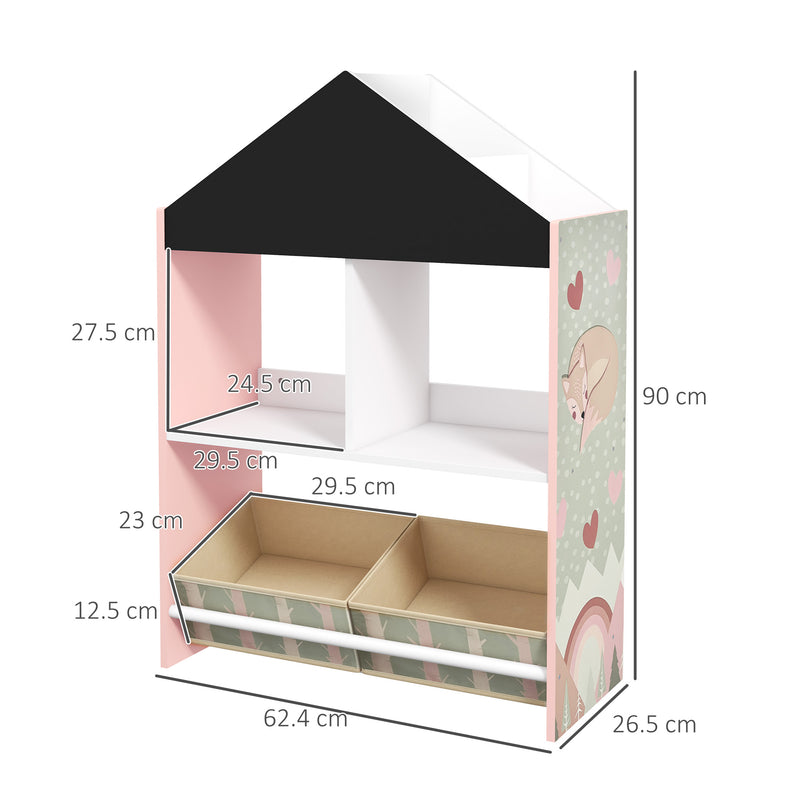 Estante para Brinquedos Organizador Infantil com Prateleiras Abertas e 2 Caixas de Tecido não Tecido Amovíveis para Sala de Jogos Dormitório Escola Infantil 62,4x26,5x90 cm Rosa