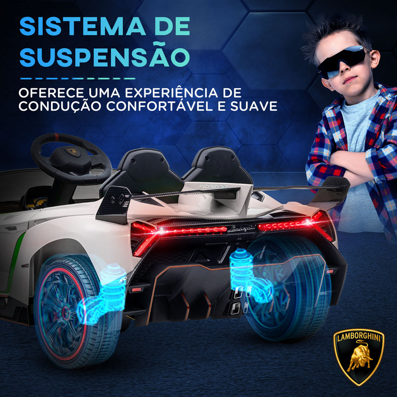 Carro Elétrico Lamborghini para Crianças de 3 a 6 Anos Carro a Bateria 12V Velocidade Máxima 7 km/h com Controlo Remoto MP3 Luzes e Cinto de Segurança 111x61x45 cm Branco