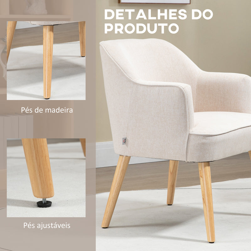 Poltrona Estilo Nórdico Poltrona para Sala de Estar Estofada em Linho com Pés de Madeira para Dormitório Escritório Estúdio Carga 120 kg 64,5x65x79,5 cm Creme