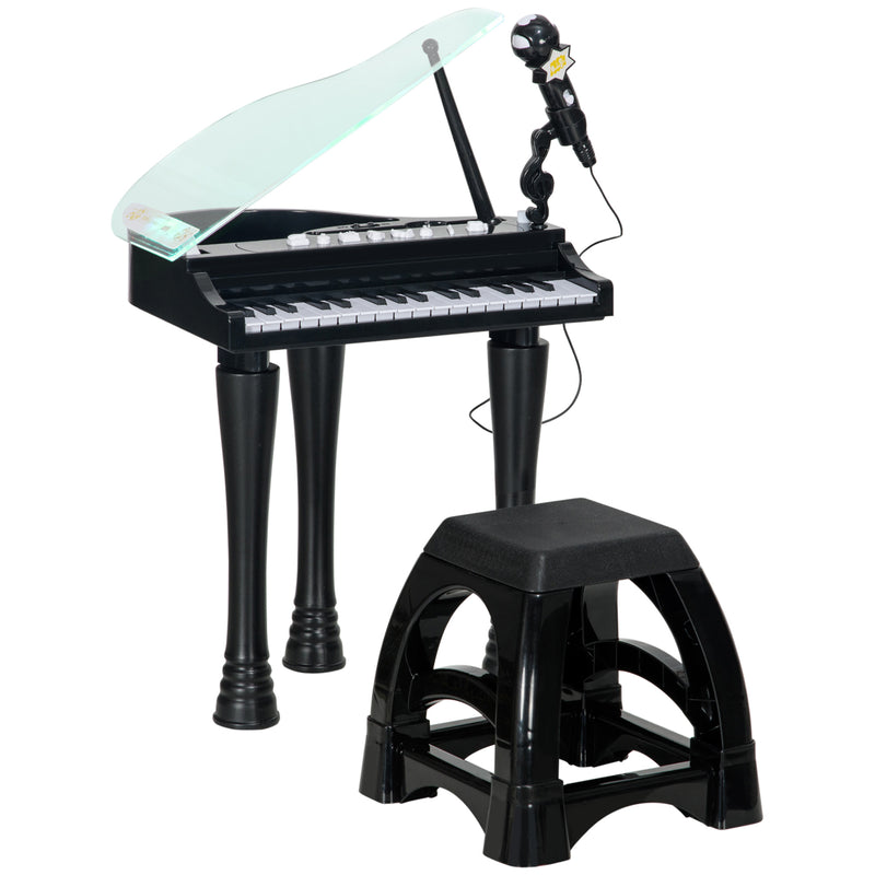 Piano Eletrónico para Crianças com 32 Teclas Piano com Microfone Banco Luzes 22 Músicas 4 Tons Pés Amovíveis e Volume Ajustável 37x30,5x60,4 cm Preto