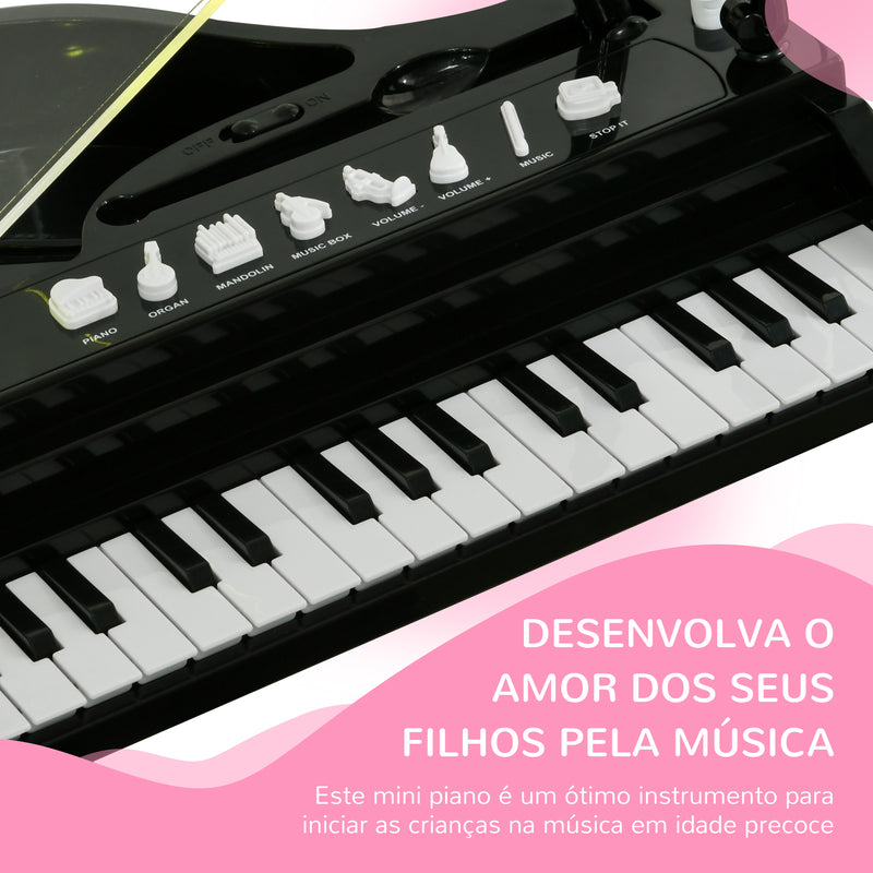 Piano Eletrónico para Crianças com 32 Teclas Piano com Microfone Banco Luzes 22 Músicas 4 Tons Pés Amovíveis e Volume Ajustável 37x30,5x60,4 cm Preto