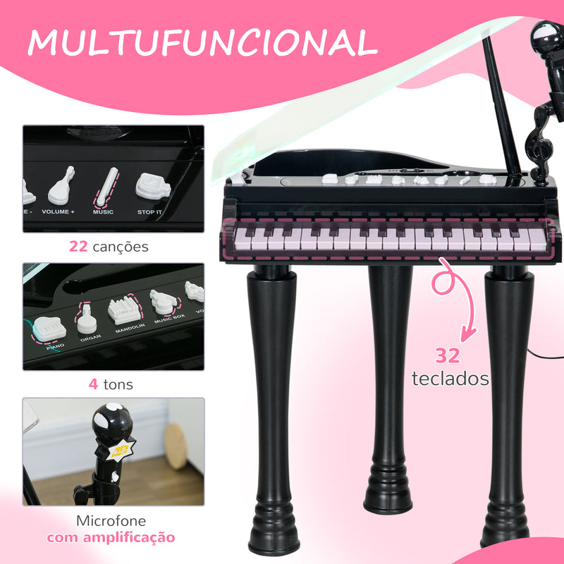 Piano Eletrónico para Crianças com 32 Teclas Piano com Microfone Banco Luzes 22 Músicas 4 Tons Pés Amovíveis e Volume Ajustável 37x30,5x60,4 cm Preto