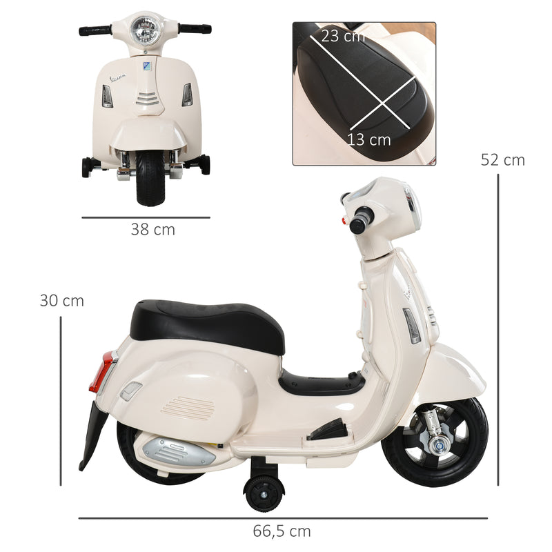 Mota Elétrica Vespa para Crianças de 18-36 Meses com Farol Buzina e 4 Rodas Motocicleta Infantil com Licença 66,5x38x52 cm Branco