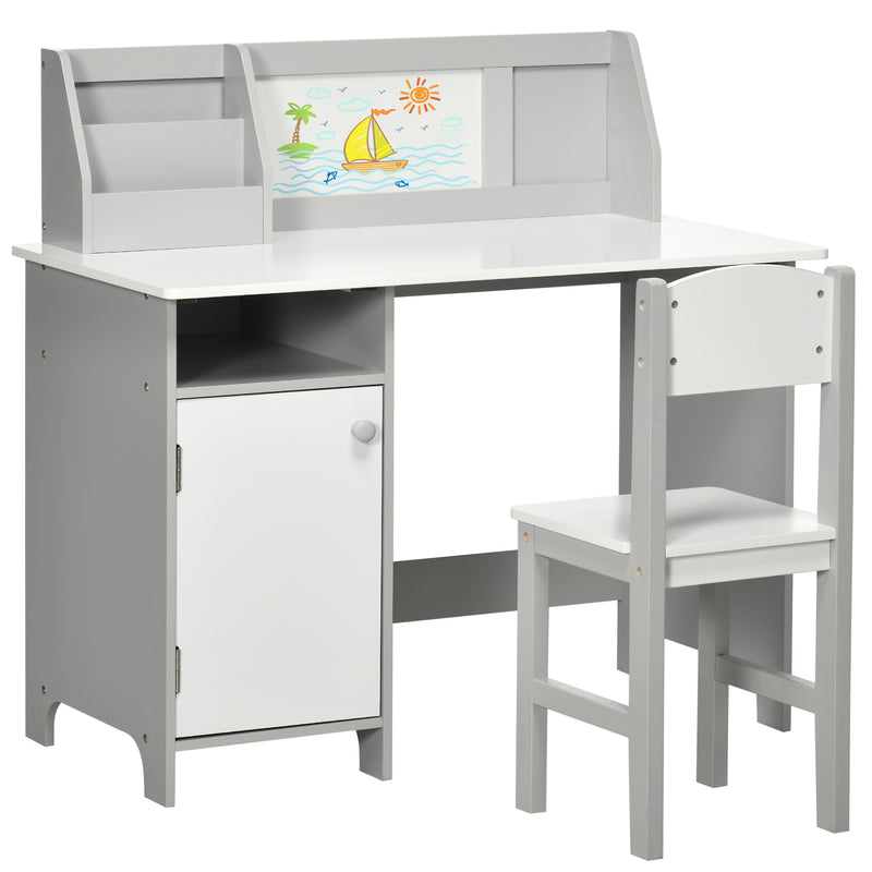 Conjunto de Mesa e Cadeira Infantil de Madeira com Quadro Branco Mesa de Estudo para Crianças acima de 5 Anos Móvel Escritório Infantil 90x45x85cm Cinza