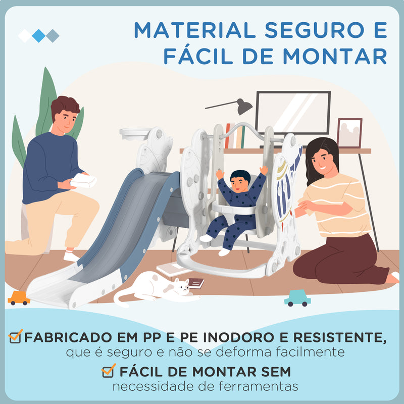 Conjunto de Escorregador e Baloiço para Crianças 3 em 1 Baloiço para Crianças de 18-48 Meses Escorregador e Cesto de Basquetebol Carga Máxima 30 kg 150x185x92 cm Branco e Azul