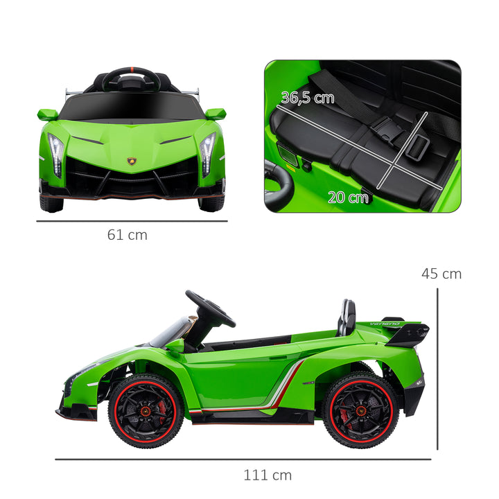 Carro Elétrico Lamborghini para Crianças de 3 a 6 Anos Carro a Bateria 12V Velocidade Máxima 7 km/h com Controlo Remoto MP3 Luzes e Cinto de Segurança 111x61x45 cm Verde