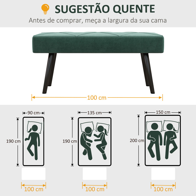 Banco de Pé de Cama Multifuncional Banco de Pé de Cama Moderno Banco de Dormitório com Pés de Aço e Assento Acolchoado Carga Máxima 120 kg Entrada Corredor 100x36x45 cm Verde