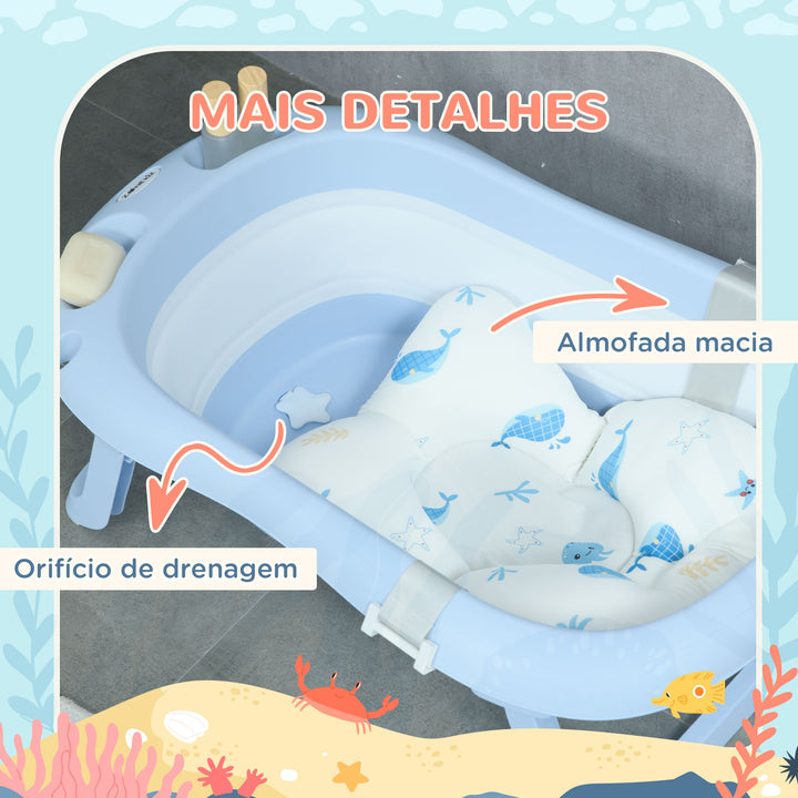 Banheira para Bebé Recém Nascido Dobrável 40L com Almofada Pés Antiderrapantes Orifício de Drenagem e Suporte para Duche 83x48x23,5 cm Azul