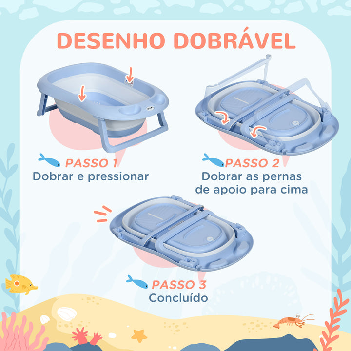 Banheira para Bebé Recém Nascido Dobrável 40L com Almofada Pés Antiderrapantes Orifício de Drenagem e Suporte para Duche 83x48x23,5 cm Azul