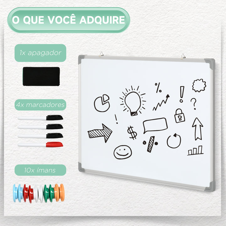 Quadro Magnético com Estrutura de Liga de Alumínio 90x60 cm Quadro Magnético com Apagador 4 Marcadores e 10 Ímás para Escritório Casa Branco