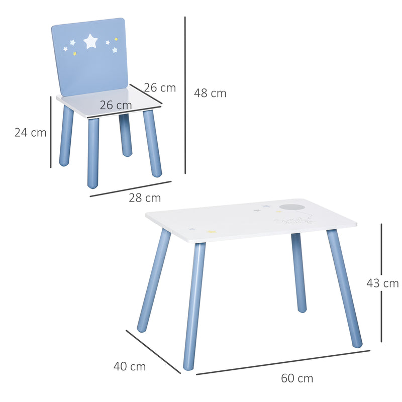 Conjunto de Mesa Infantil e 2 Cadeiras de Madeira Mesa com Cadeiras para Crianças de 2-4 Anos Mesa 60x40x43 cm e Cadeiras 28x26x48 cm para Dormitório Sala de Estar Branco e Azul