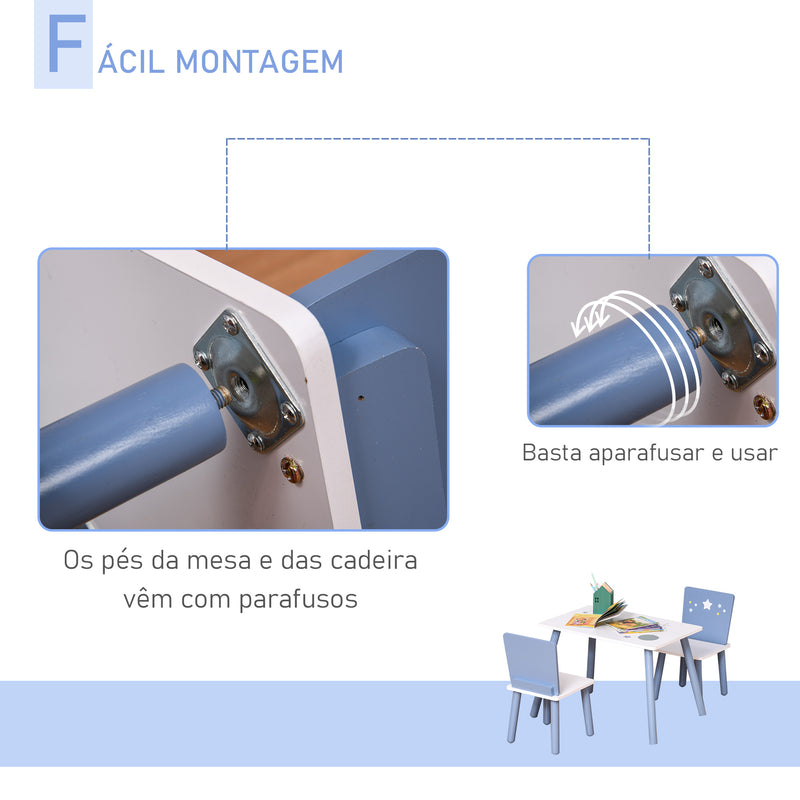 Conjunto de Mesa Infantil e 2 Cadeiras de Madeira Mesa com Cadeiras para Crianças de 2-4 Anos Mesa 60x40x43 cm e Cadeiras 28x26x48 cm para Dormitório Sala de Estar Branco e Azul