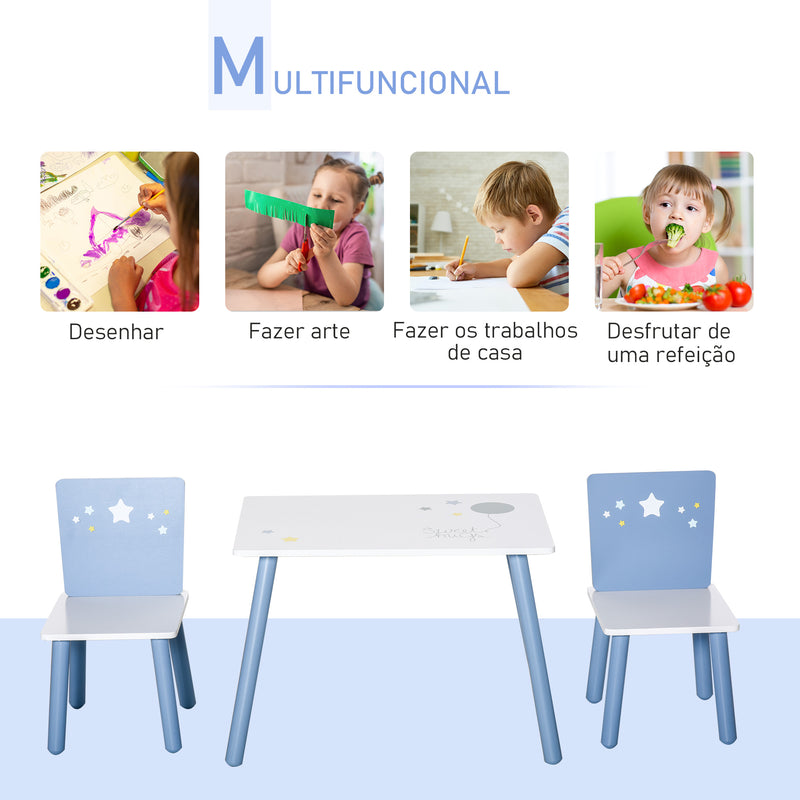 Conjunto de Mesa Infantil e 2 Cadeiras de Madeira Mesa com Cadeiras para Crianças de 2-4 Anos Mesa 60x40x43 cm e Cadeiras 28x26x48 cm para Dormitório Sala de Estar Branco e Azul